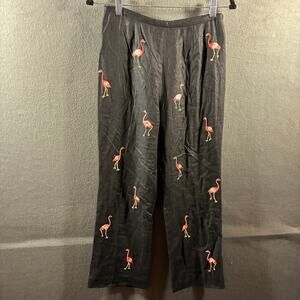vintage women linen pants 6 black embroidered flamingo novelty beach vacation